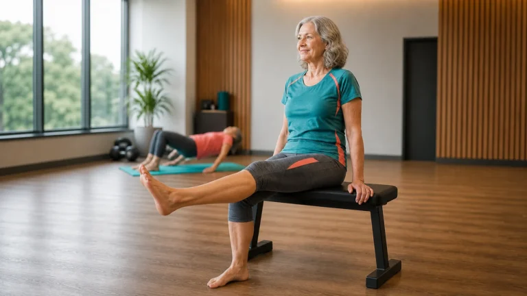 Editorial illustration matching the Facebook creative: an older woman seated on a bench moving one knee, with another person practicing a bridge behind her.