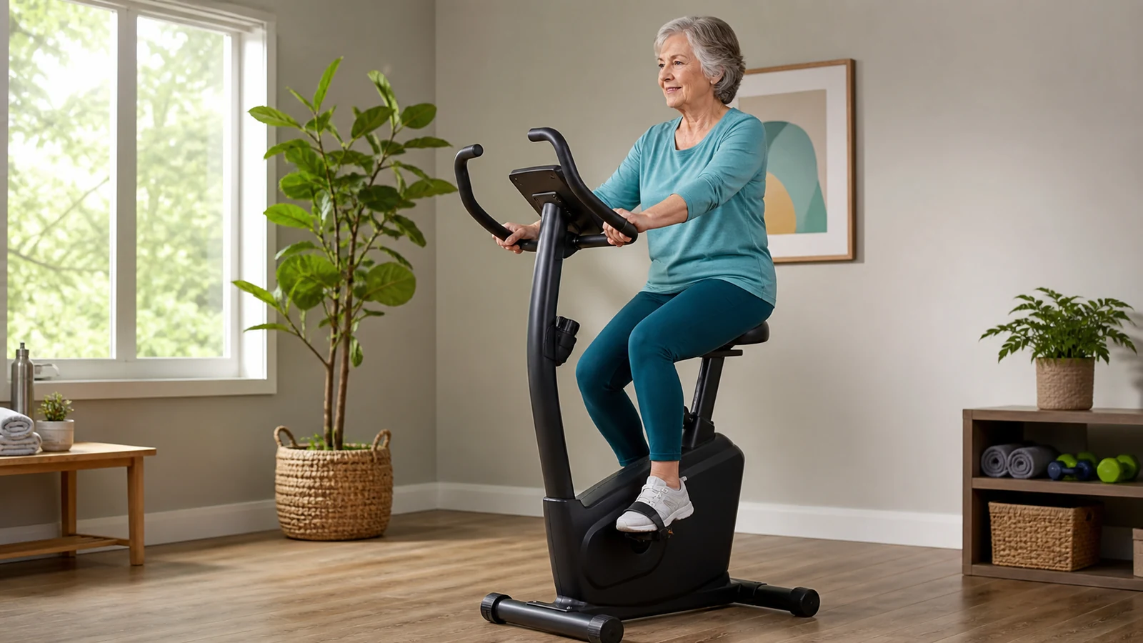 Older woman riding an upright stationary bicycle in a bright exercise room.