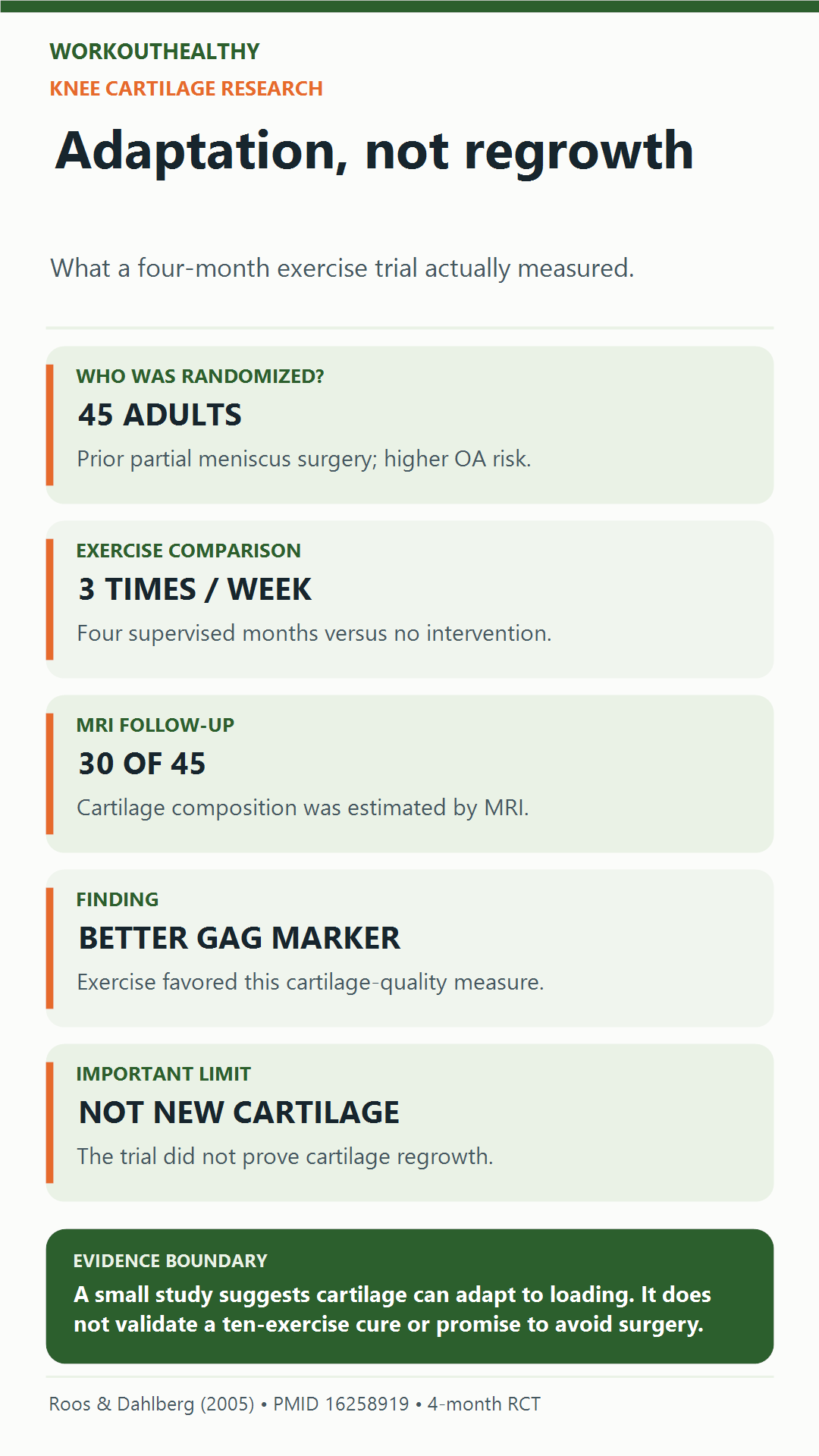 Four-month knee cartilage trial: 45 adults were randomized, 30 had MRI follow-up, and supervised exercise improved a cartilage-composition marker; cartilage regrowth was not demonstrated.