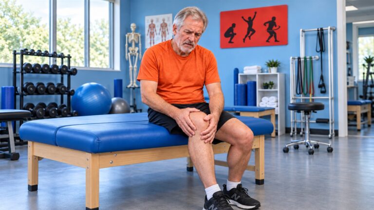 Older man sits on an exercise table while holding his knee in a physical therapy room.