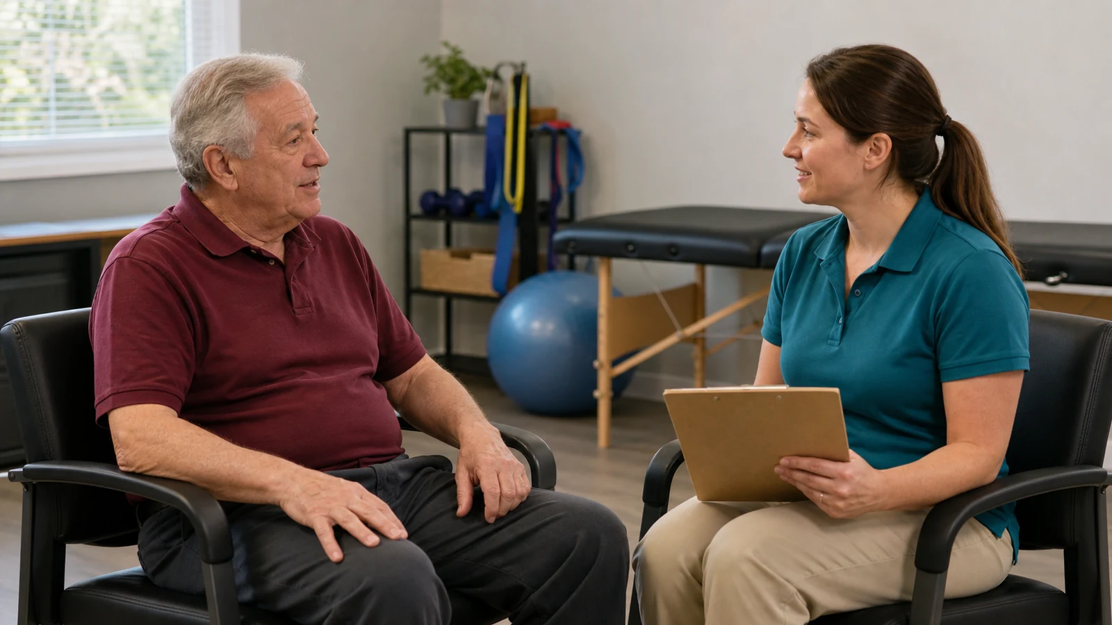 Illustrative older adult discussing an activity plan with a physical therapist.
