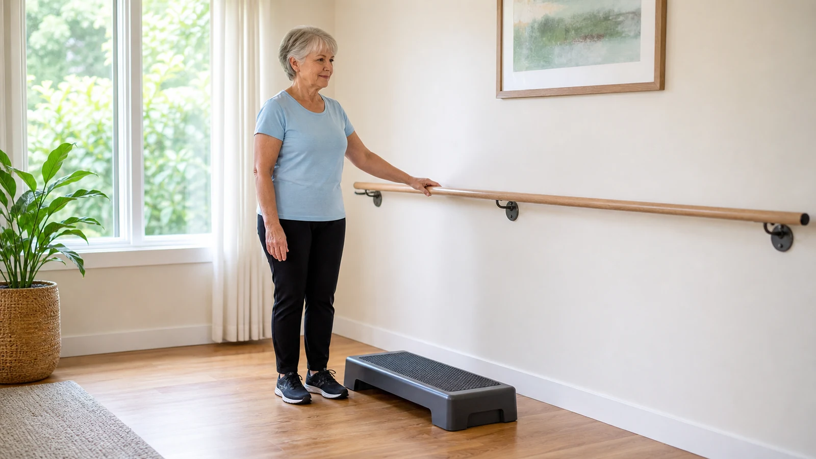 Older woman standing beside a low exercise step with one hand on a fixed wall rail.
