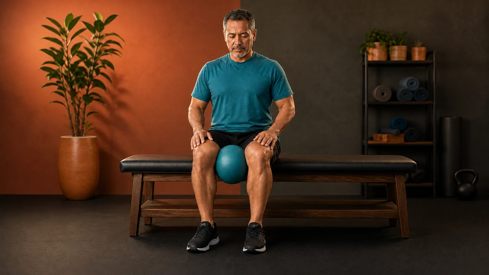 Man seated on a bench with a small exercise ball between his knees in an exercise room.