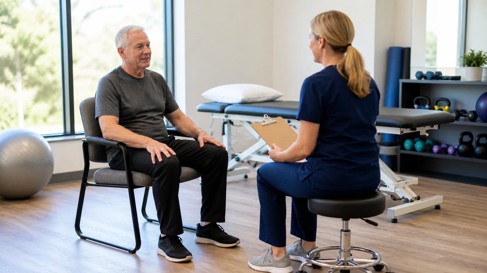 Physical therapist discussing an exercise plan with a seated older man in a rehabilitation room.
