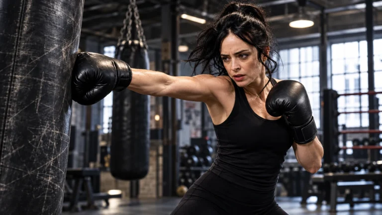 Editorial illustration of Krysten Ritter practicing a boxing punch on a heavy bag for Jessica Jones role preparation.