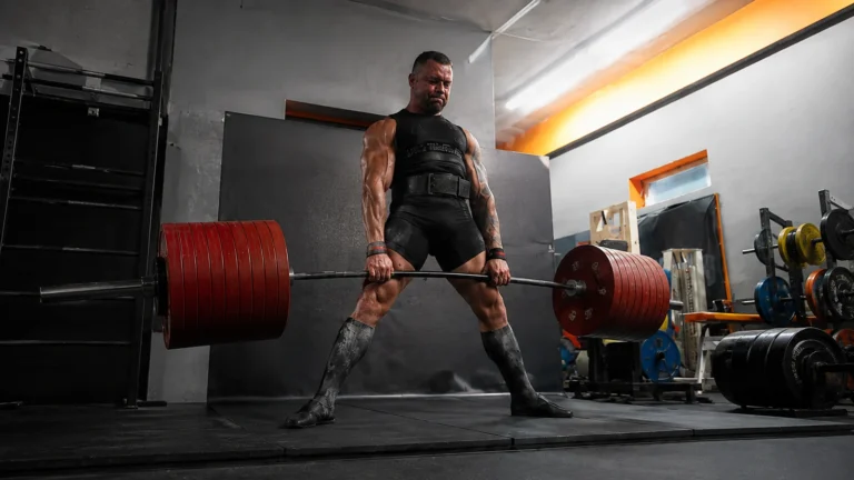 Editorial recreation of Krzysztof Wierzbicki locking out a 502.5 kg sumo deadlift with straps in a training gym.