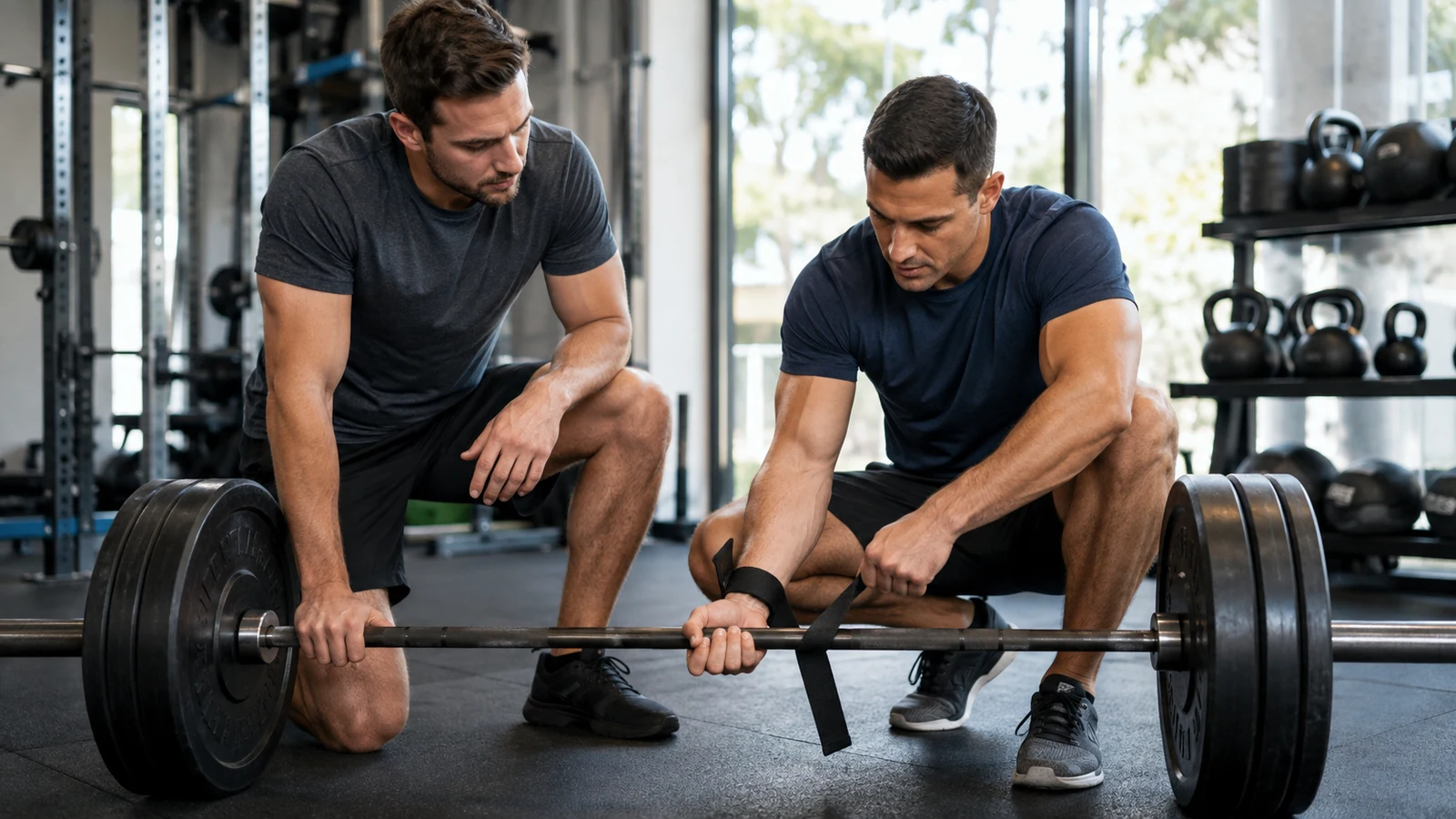A coach demonstrates how to wrap a lifting strap around a moderately loaded barbell for a recreational lifter.