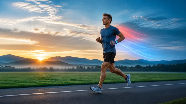 Runner in blue activewear on a country road at sunrise, with decorative red and blue light trails.