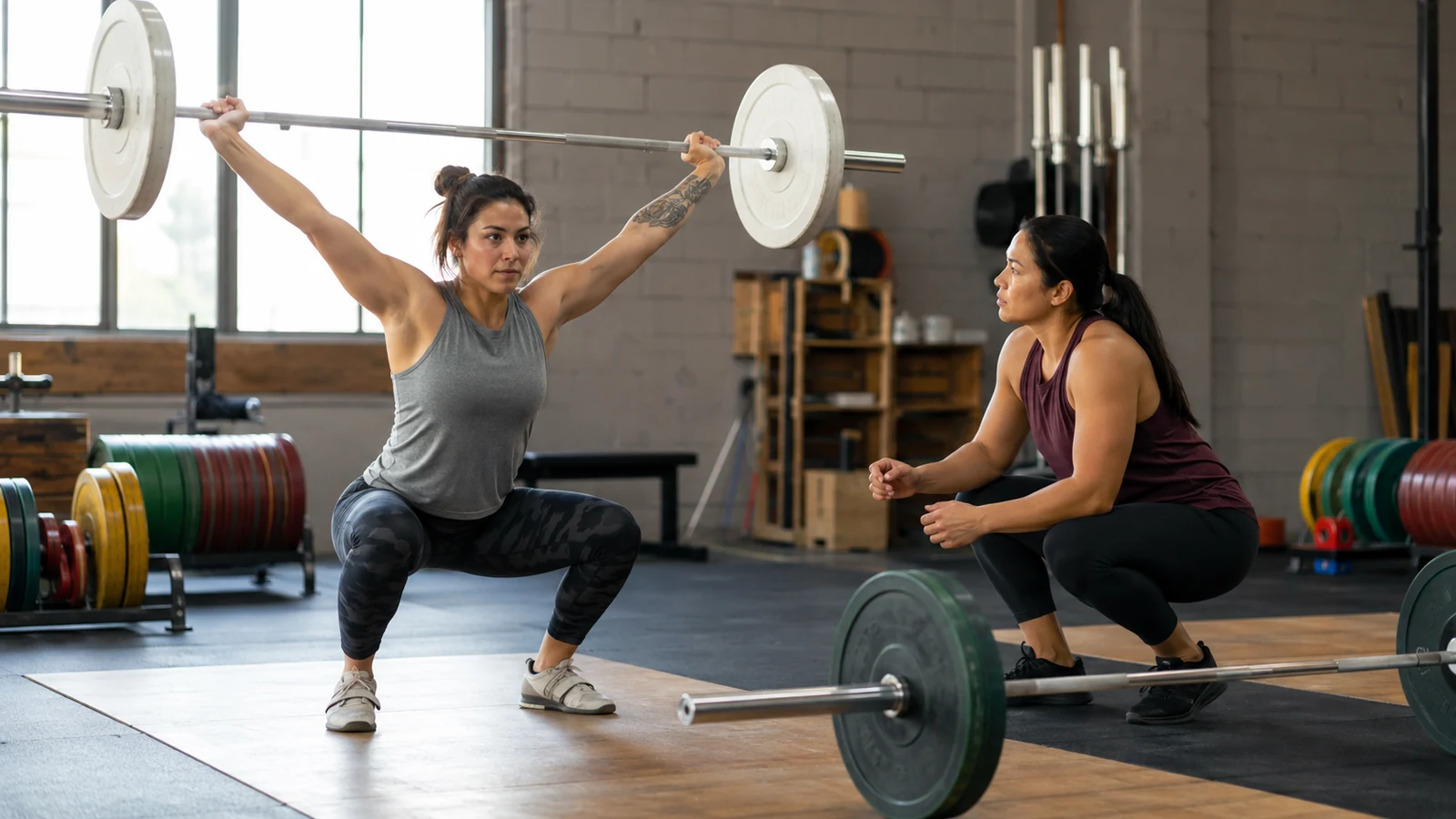 A recreational female weightlifter practices a light overhead snatch position while a coach watches her balance and control.