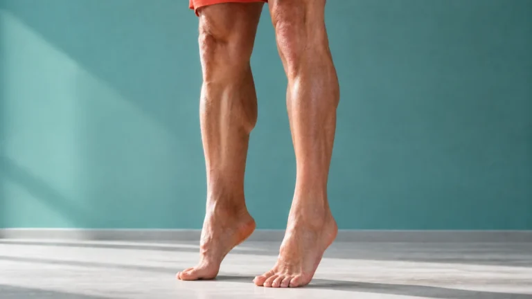 Close view of bare lower legs rising onto the toes against a teal wall.