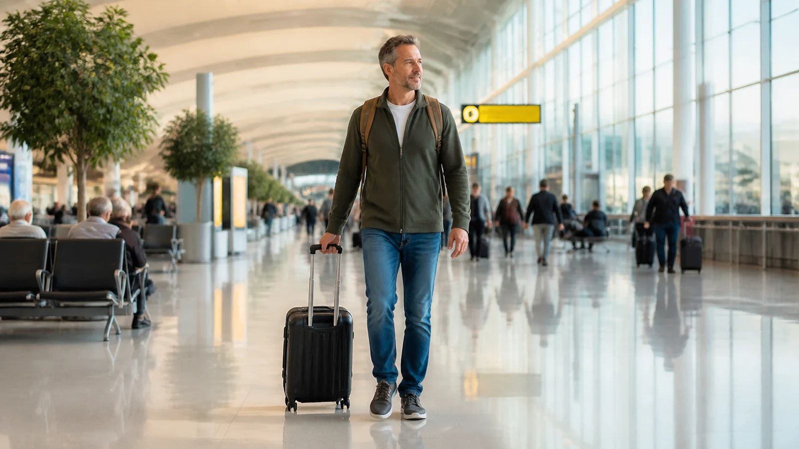 Traveler walking through a bright airport concourse with a small carry-on bag.