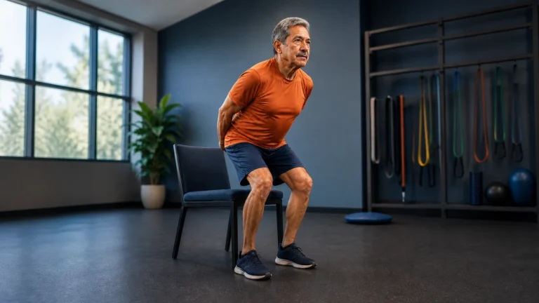 Older man in an orange shirt rises from a sturdy chair in an exercise studio.