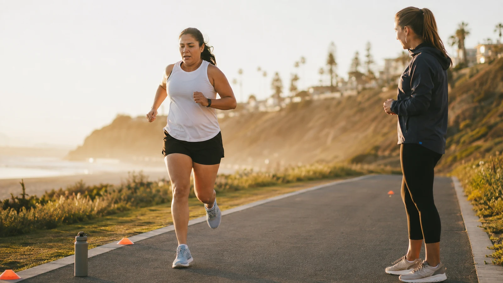 A recreational female runner completes a controlled tempo run while a coach monitors the session