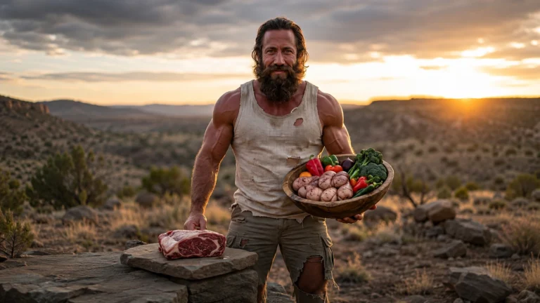 Brian Johnson holding a bowl of vegetables beside a raw steak at sunset