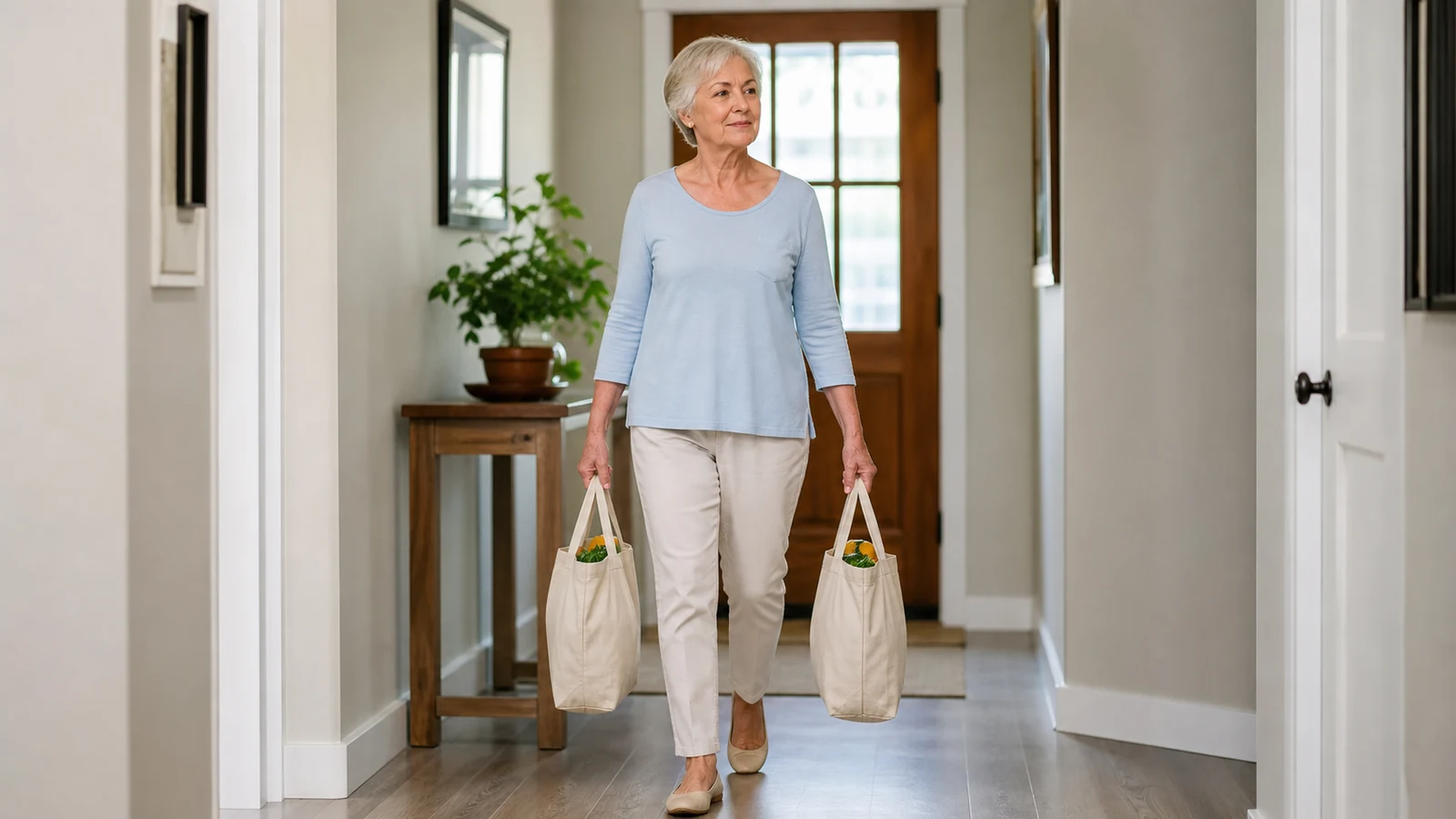 Illustrative older woman carrying two light grocery bags through a clear, level hallway.