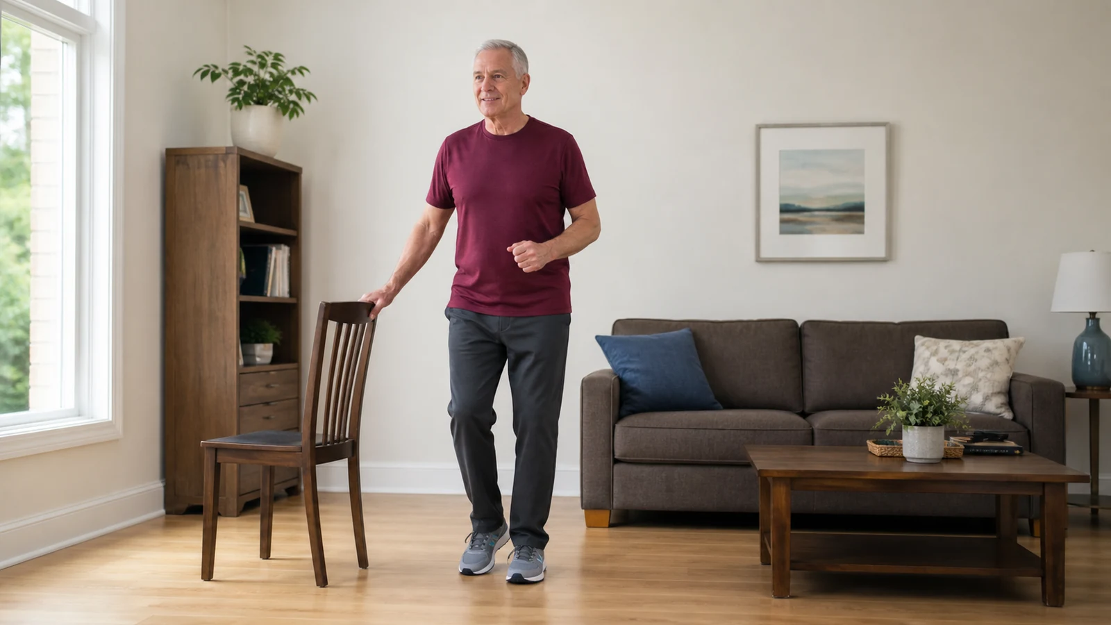 Older man taking a gentle indoor step beside a sturdy chair in a clear living-room space.