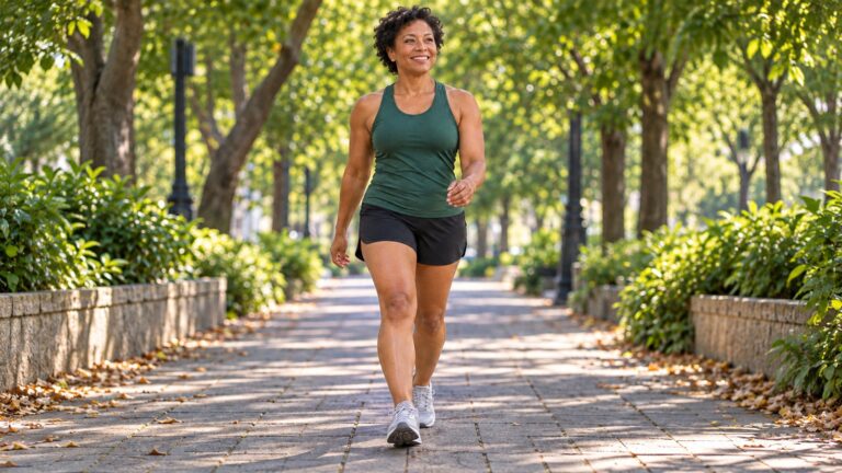 Woman walks along a tree-lined path in a low-impact cardio illustration.