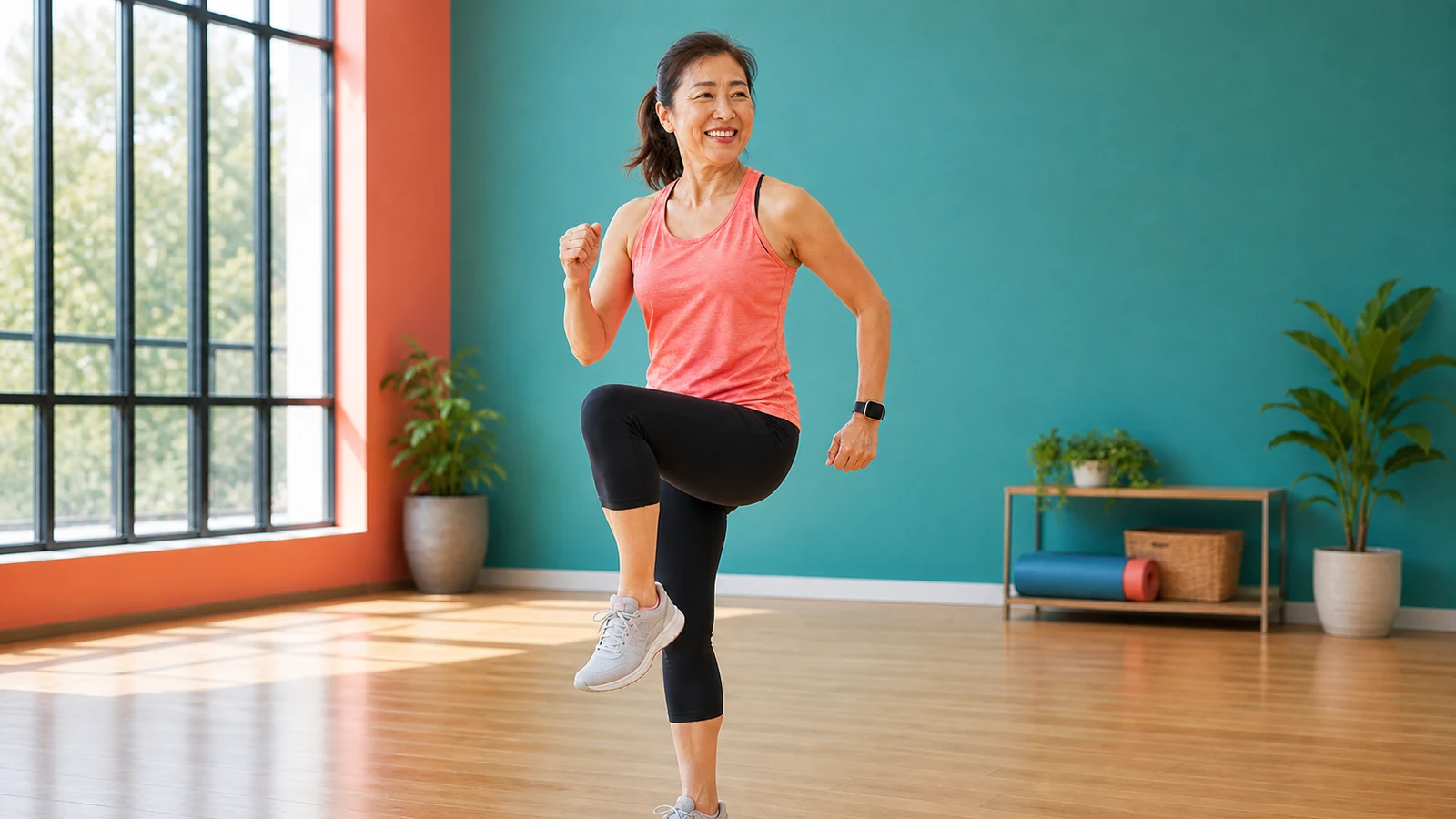Woman in a coral top performing a low-impact knee lift in a bright teal home workout space.