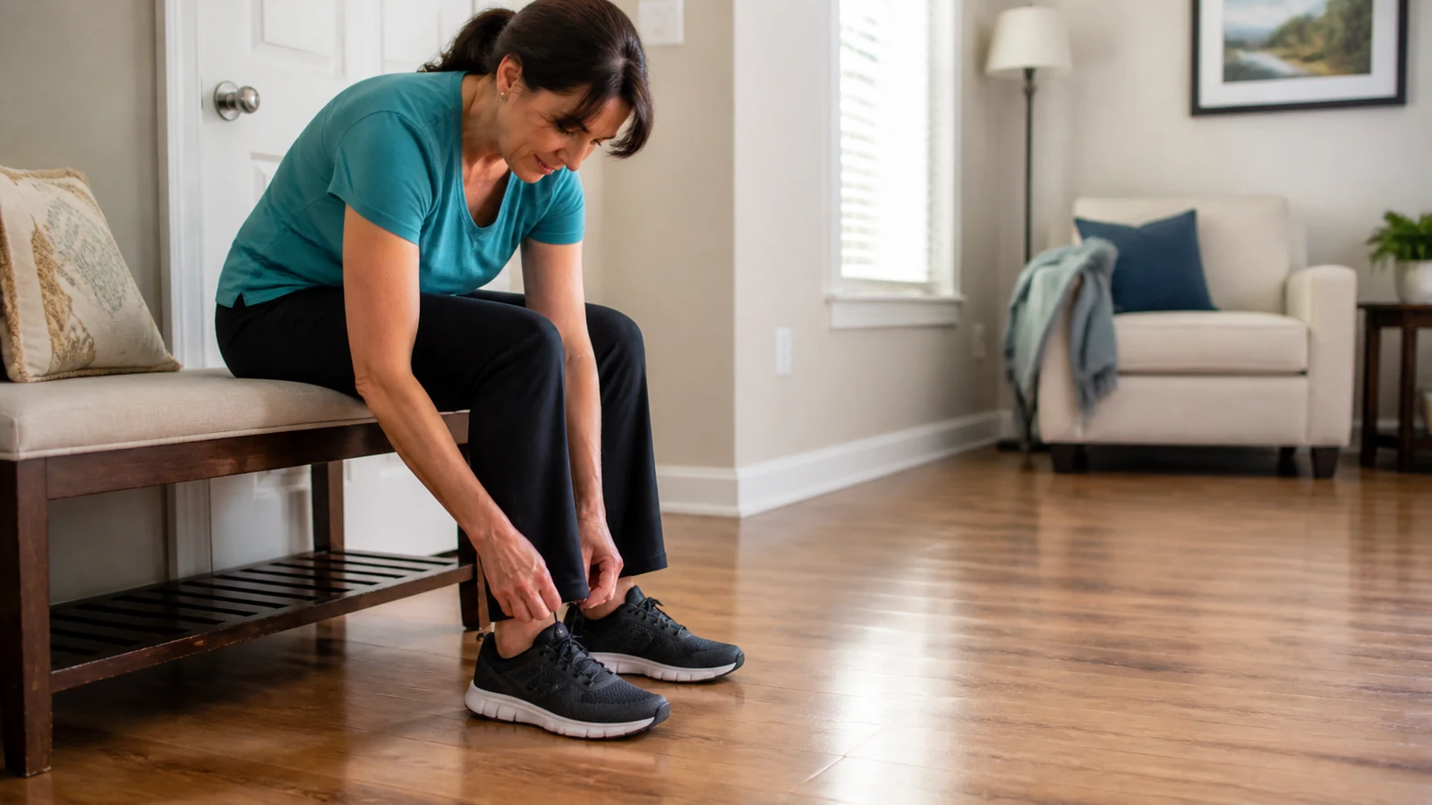 Illustrative woman tying supportive shoes beside a clear indoor walking area.