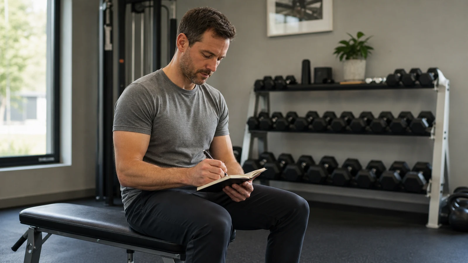 An adult man records his workout in a notebook while seated on a gym bench.
