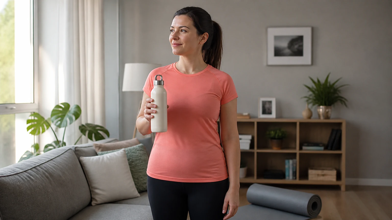 Woman taking a water break beside an exercise mat after a home workout.