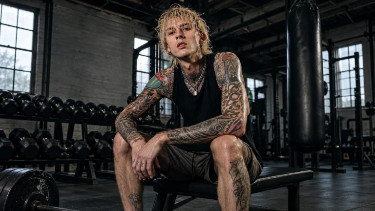 AI-enhanced editorial illustration of Machine Gun Kelly in a gym; not a documentary photograph or endorsement.