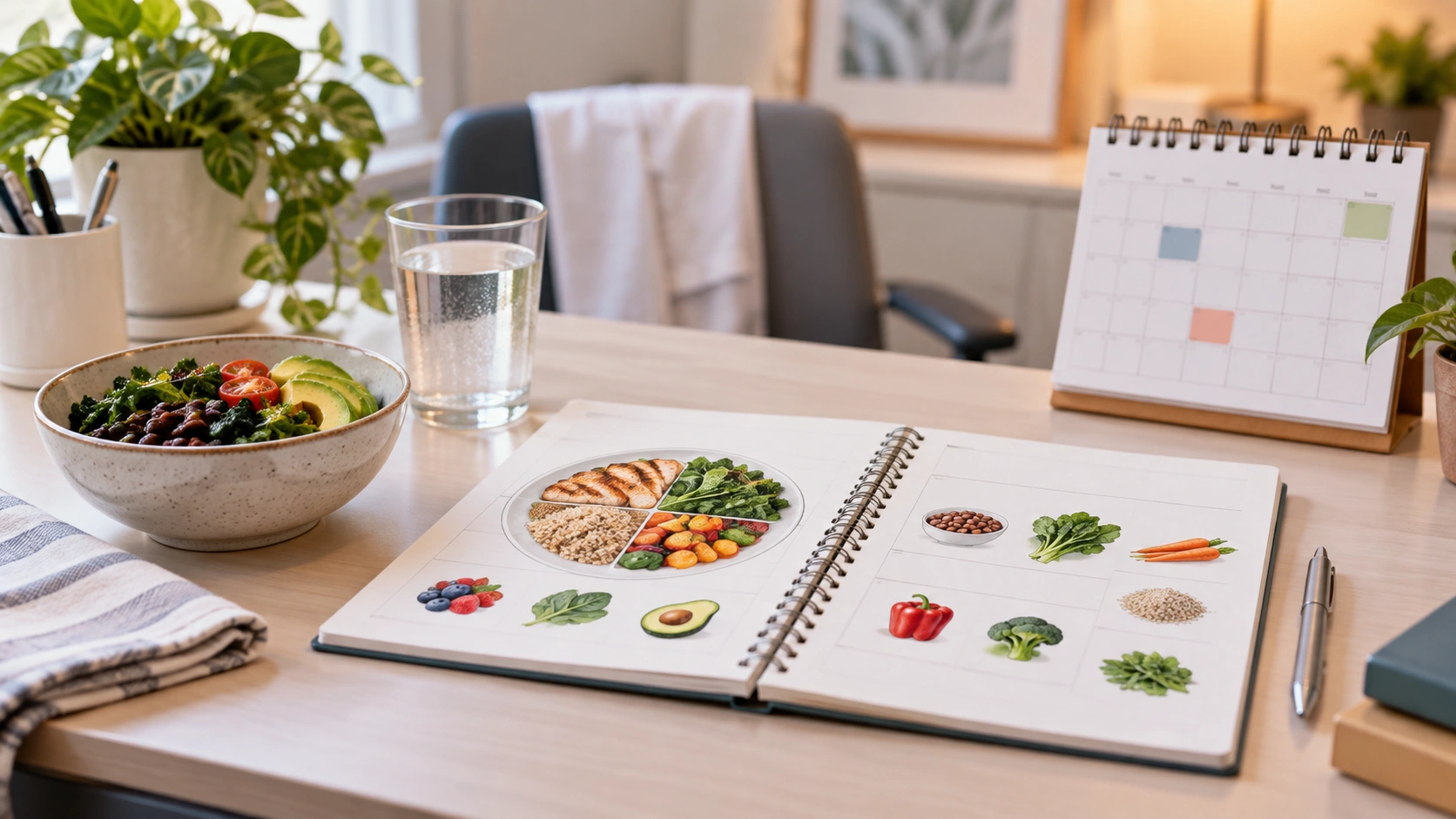 A balanced meal planning notebook, water, and a follow-up calendar on a dietitian’s desk