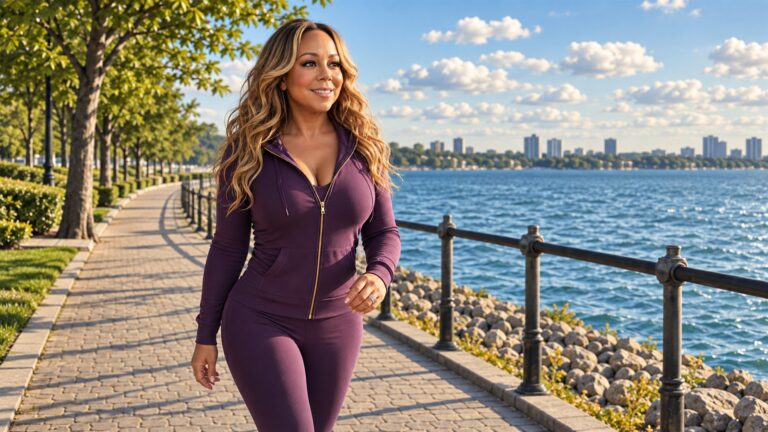 AI illustration of a Mariah Carey inspired woman in purple activewear walking beside a waterfront.