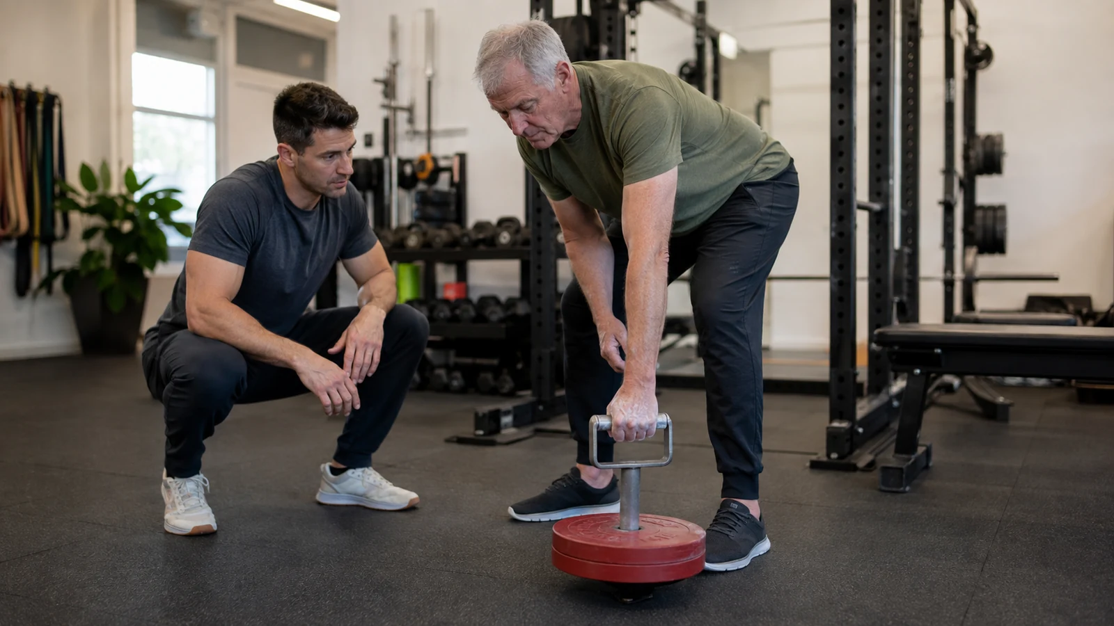 An older recreational man practices a light one-hand thick-handle lift while a coach watches his wrist position.