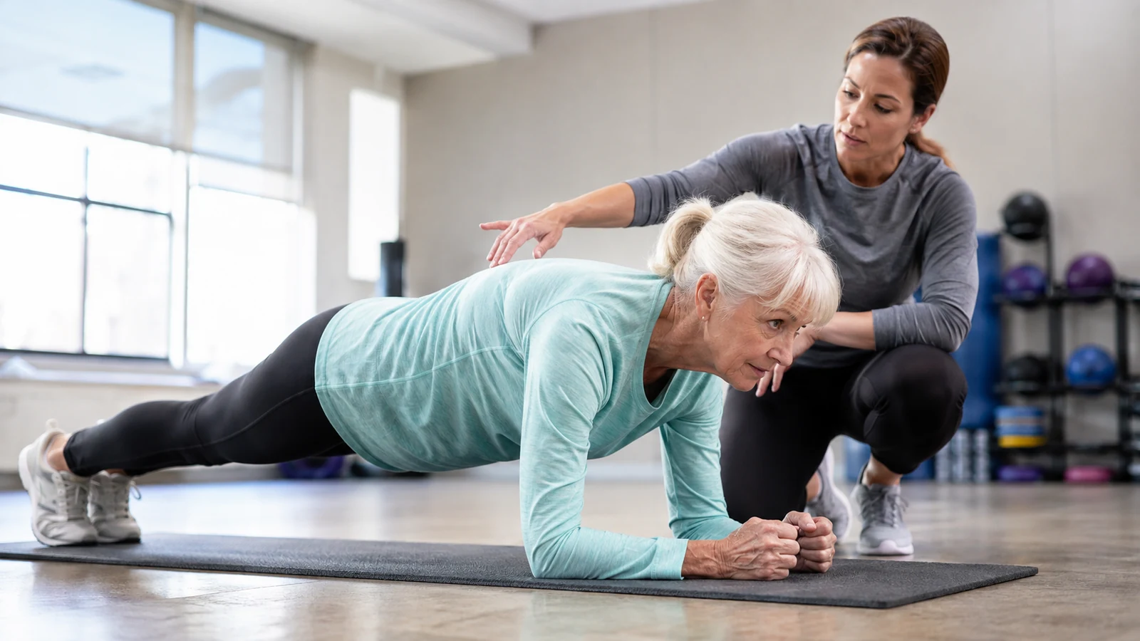 An older adult practices a forearm plank with a trainer checking alignment