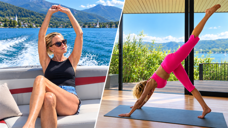 Melanie Griffith by Lake Wörthersee beside an image of her practicing a three-legged downward-dog yoga pose in a pink outfit