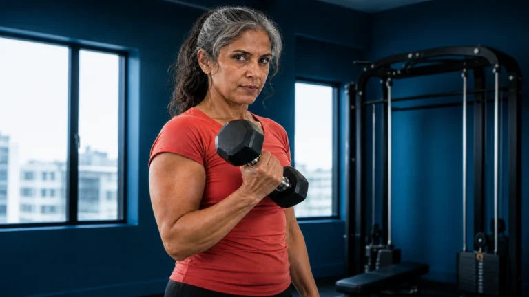 Older woman in a coral shirt holding a dumbbell in a blue gym.