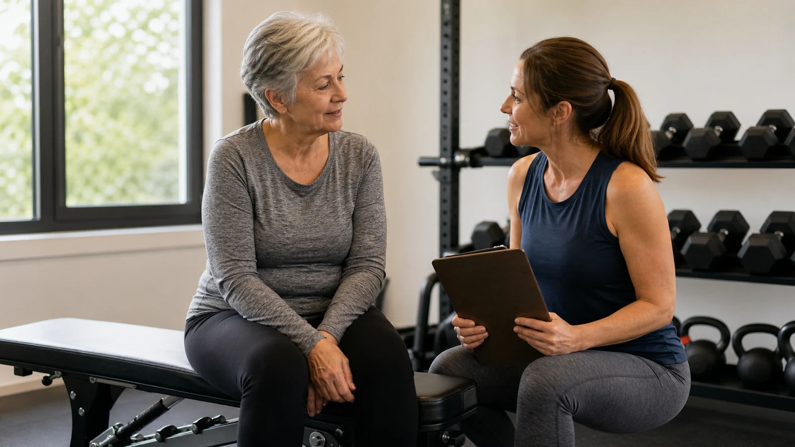Illustrative older woman discussing a strength-training plan with a coach in a gym.