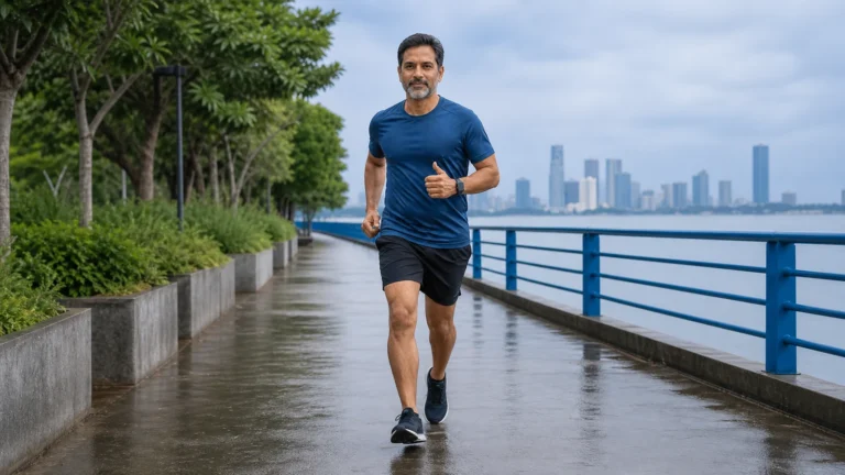 Middle-aged man jogging along a waterfront path beside a blue railing.