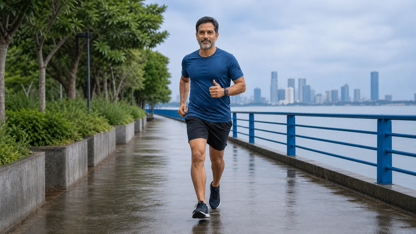 Middle-aged man jogging along a waterfront path beside a blue railing.