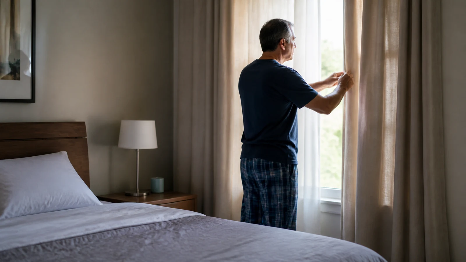 Middle-aged man opening bedroom curtains in soft morning light.