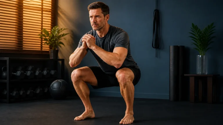 Man performs a bodyweight squat in a home exercise space