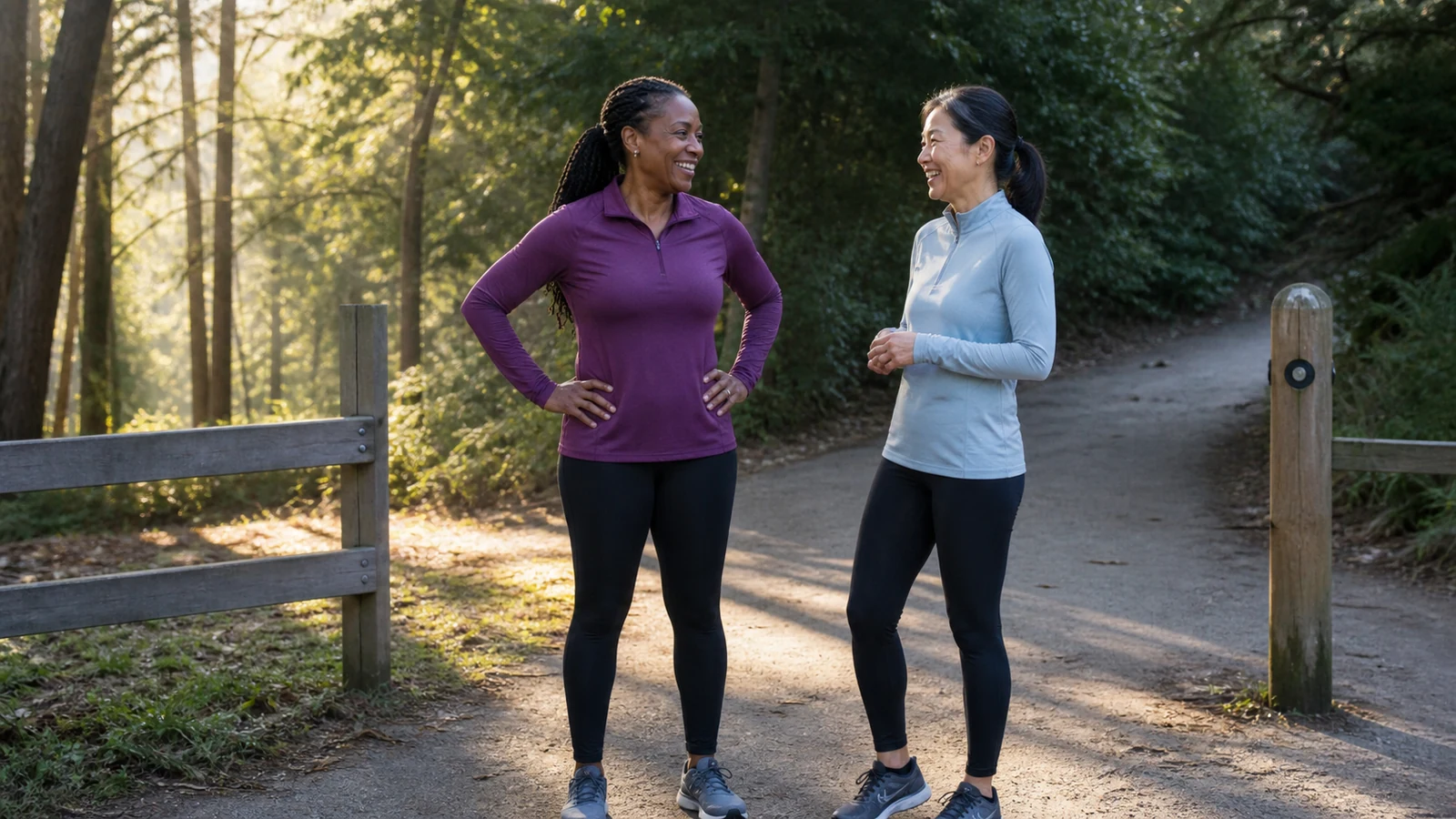 Two recreational runners meeting at a park before a planned training session.