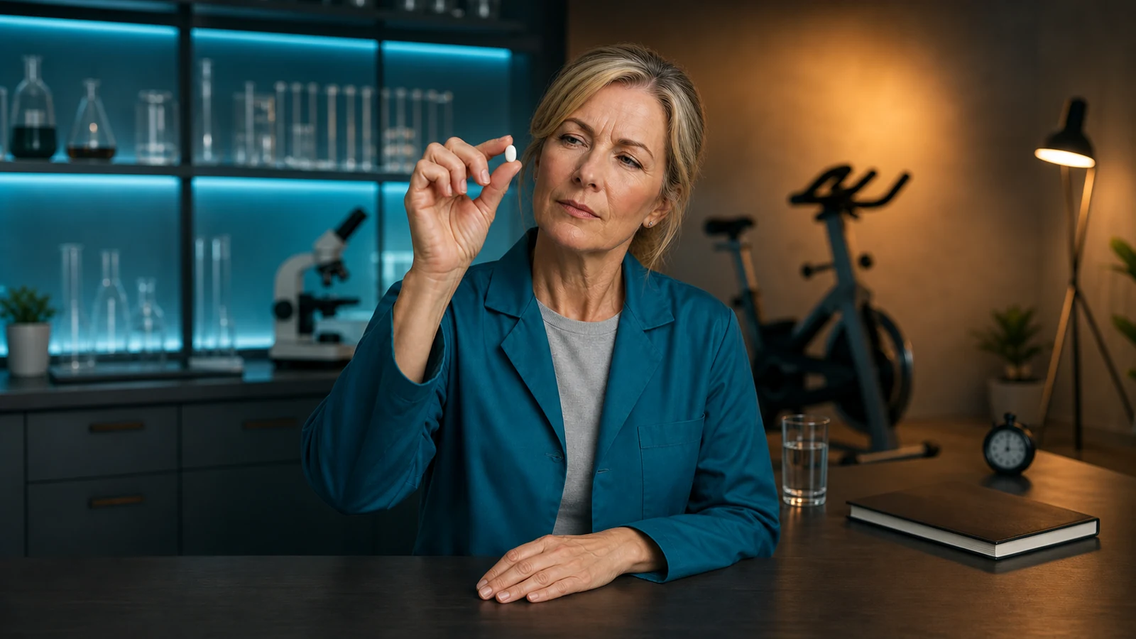 Illustrative woman in a teal jacket examining a tablet, with laboratory and exercise equipment in the background.