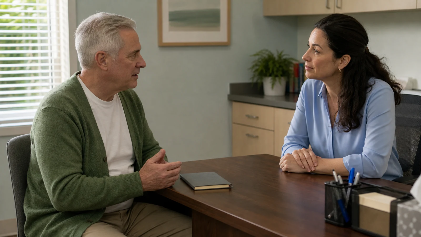Older adult discussing exercise and medication questions with a clinician in an ordinary consultation room.