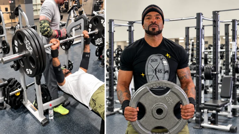 Method Man centered in a gym portrait beside the matching Facebook post’s bench press scene