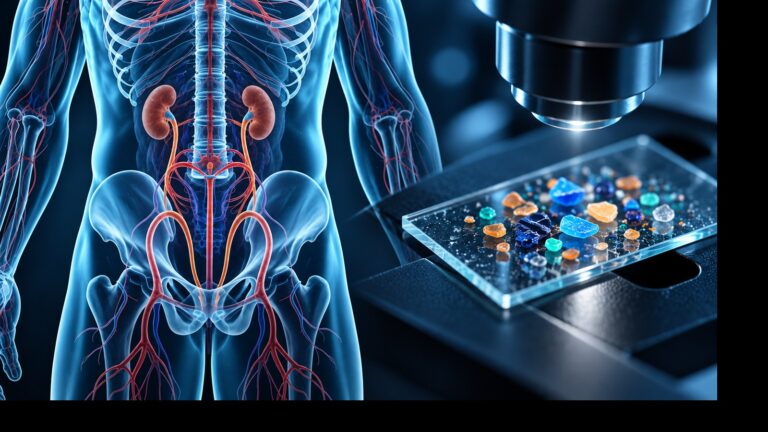 Conceptual laboratory illustration of a transparent male torso beside a microscope slide with polymer particles