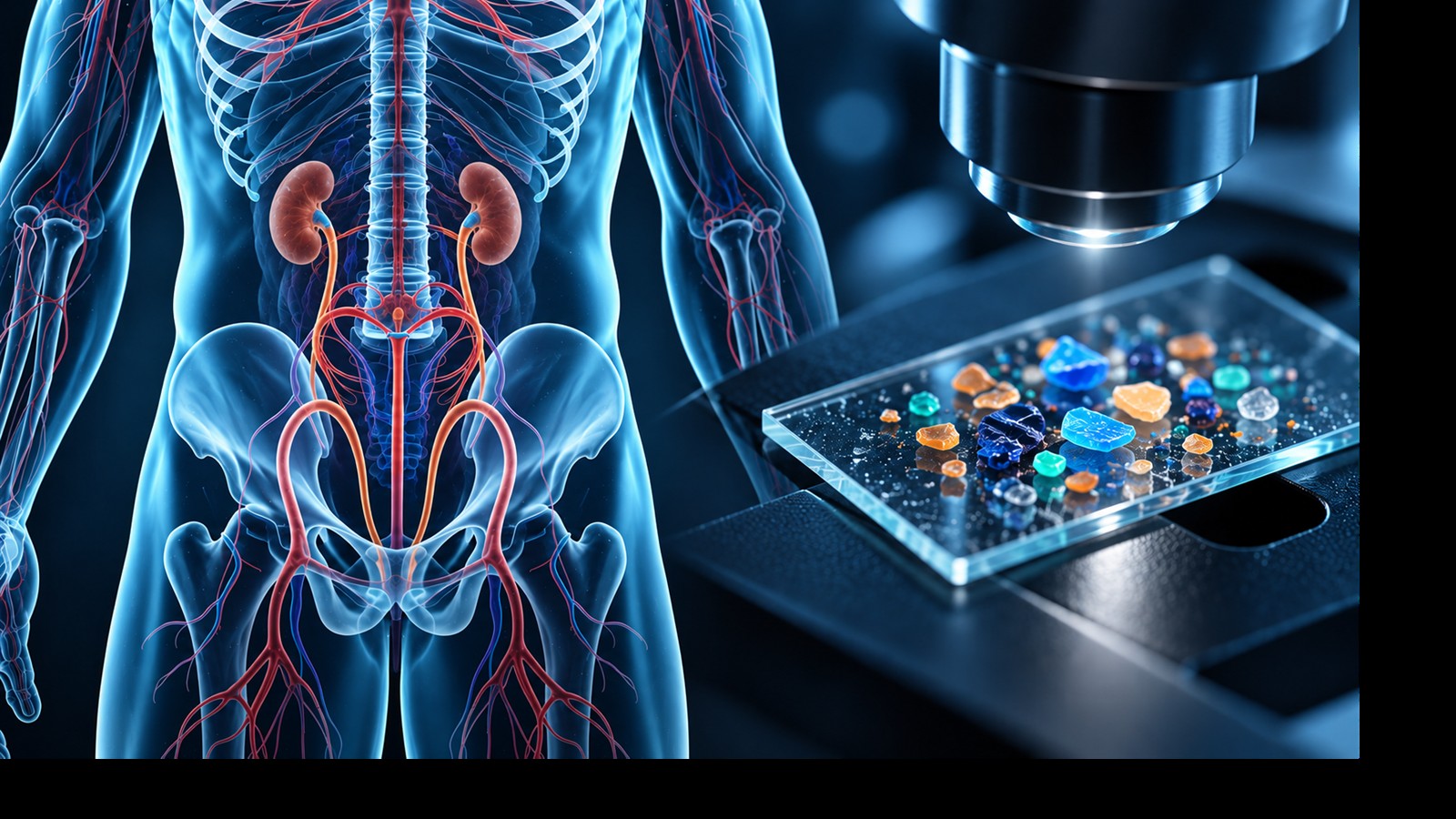 Conceptual laboratory illustration of a transparent male torso beside a microscope slide with polymer particles