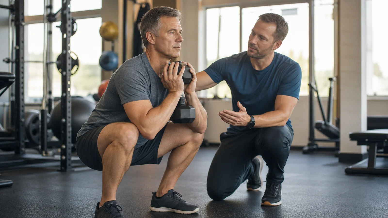 Middle-aged man practices a dumbbell goblet squat while a coach guides his technique