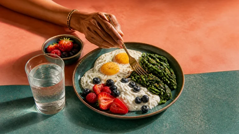 Facebook-derived breakfast illustration with eggs, cottage cheese, berries, greens and water.