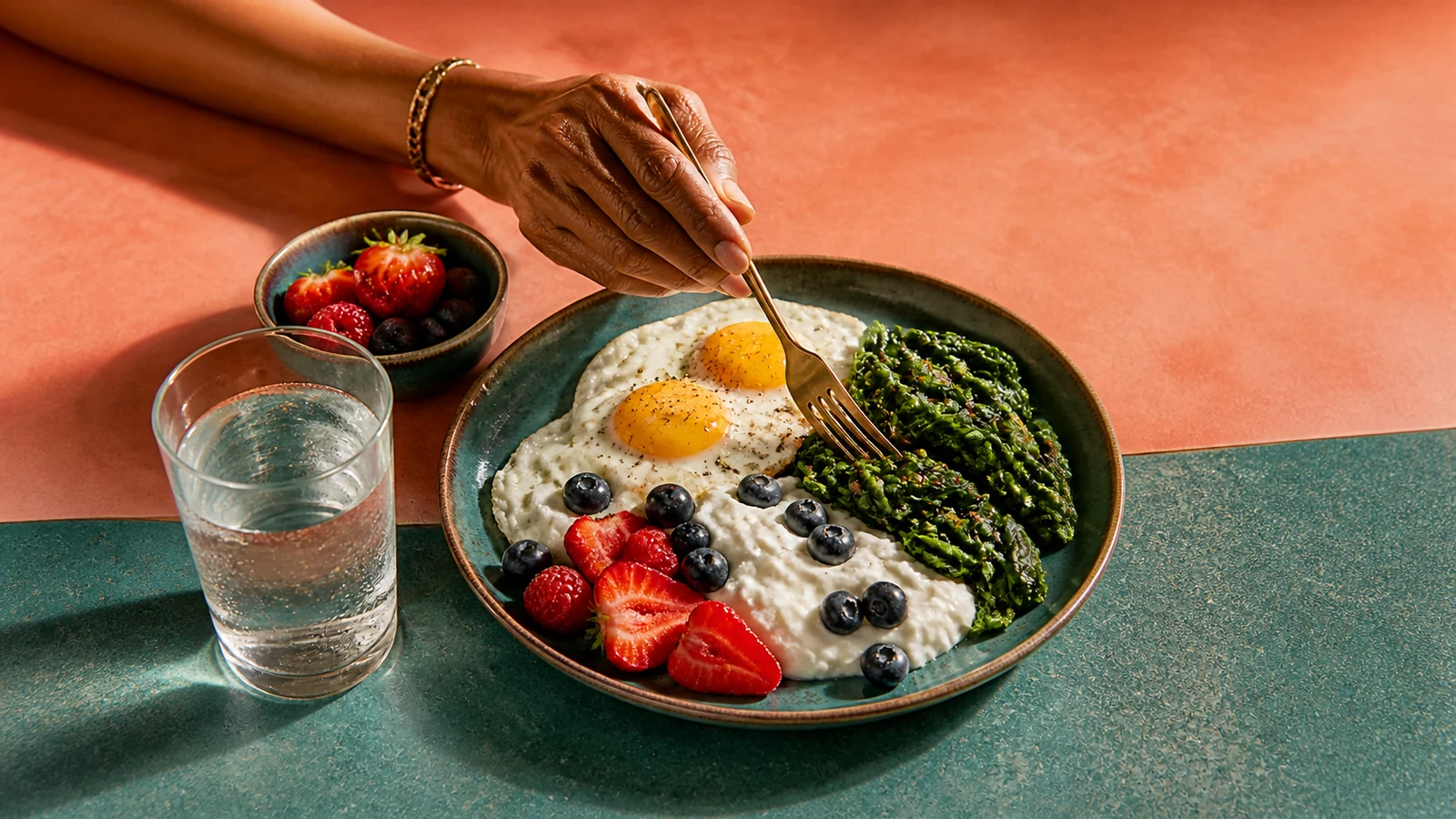 Facebook-derived breakfast illustration with eggs, cottage cheese, berries, greens and water.
