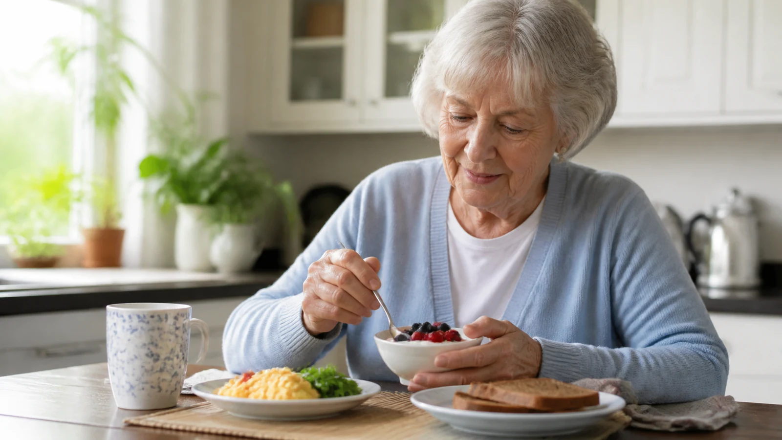 Illustrative older woman preparing breakfast with eggs, yogurt, fruit and whole-grain toast.