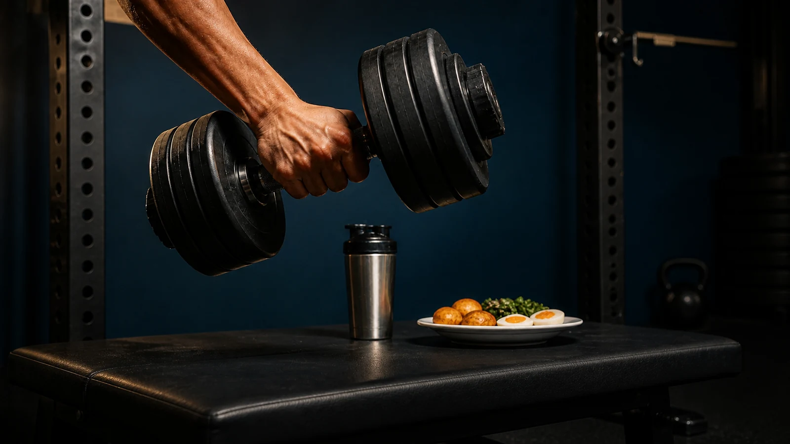 Close-up of a hand holding a black dumbbell, with a shaker and ordinary meal in the gym background.