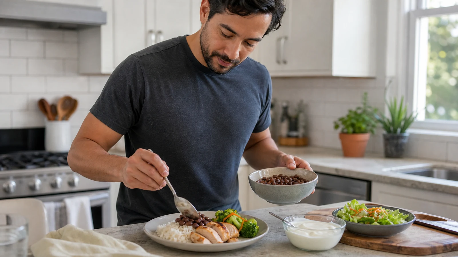 Illustrative man preparing a balanced protein-containing meal in a home kitchen.