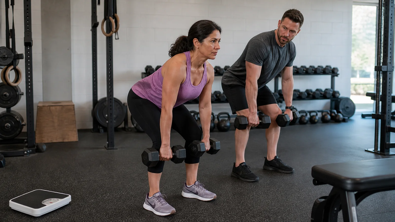 Woman practices a dumbbell hip hinge alongside a trainer demonstrating the movement